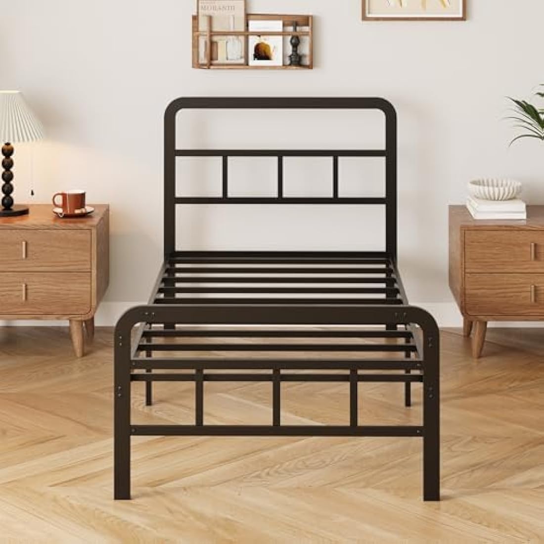 Yicensen Small Single Bed Frame with Curved Headboard and Footboard 75x190 cm, Black Single Platform Bed with Heavy Metal Slats for Stable Support, No Box Spring Needed, Noise Free, Easy Assembly