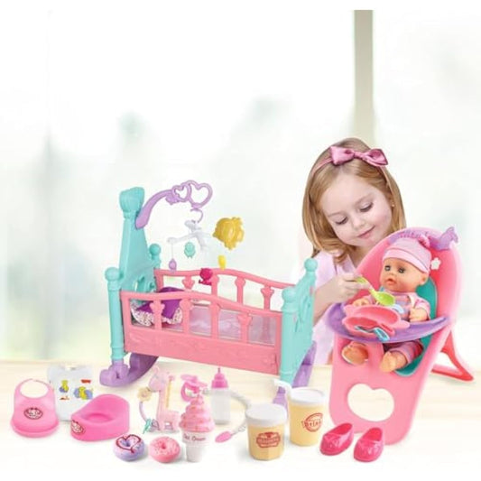 deAO ‘My First Baby Doll’ Play Set Includes Miniature Crib, High Chair, Feeding Accessories - 21 Pieces Toy Play Set (Baby Doll Included)
