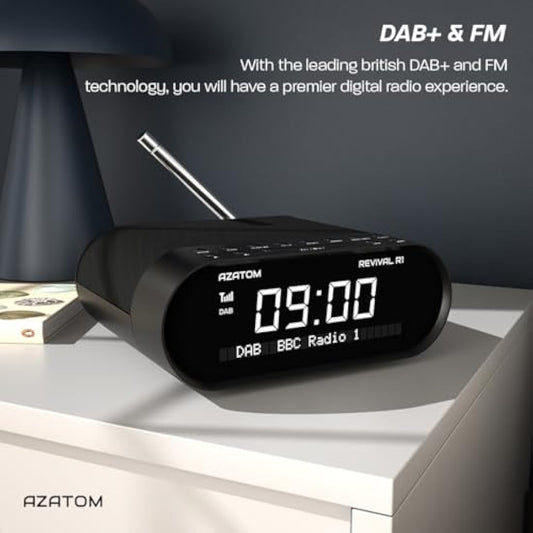 DAB/DAB+ & FM Bedside Digital Radio | Dual Alarms & Sleep Timer | USB Device Charging | Mains Powered | Bluetooth | Perfect for the Bedroom | AZATOM Revival R1 (Black)