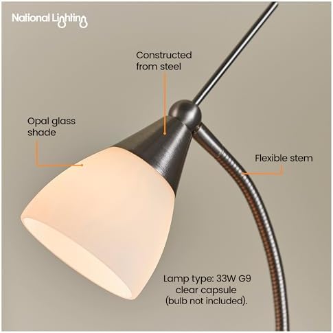 National Lighting Bedside Table Touch Lamp - 3-Stage Dimmable Night Light with Touch Control - Gooseneck Desk Lamp with Opal Glass Light Shade - Decorative Lamp for Bedroom – Satin Chrome - G9