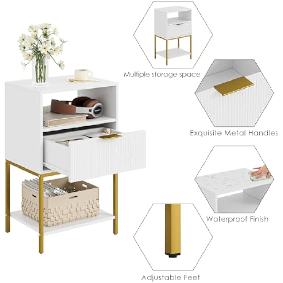 HEYZOEY Bedside Table, Small Bedside Cabinet with Drawer and Storage Shelf, 25.4" H Tall Nightstand End Sofa Side Table with Gold Frame for Bedroom, Living Room, White