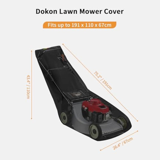 Dokon Lawn Mower Covers Waterproof Windproof Anti-UV Heavy Duty Outdoor Lawnmower Cover with Adjustable Hem Cord, Outside Lawn Mower Storage Cover (191x110x67cm) - Black