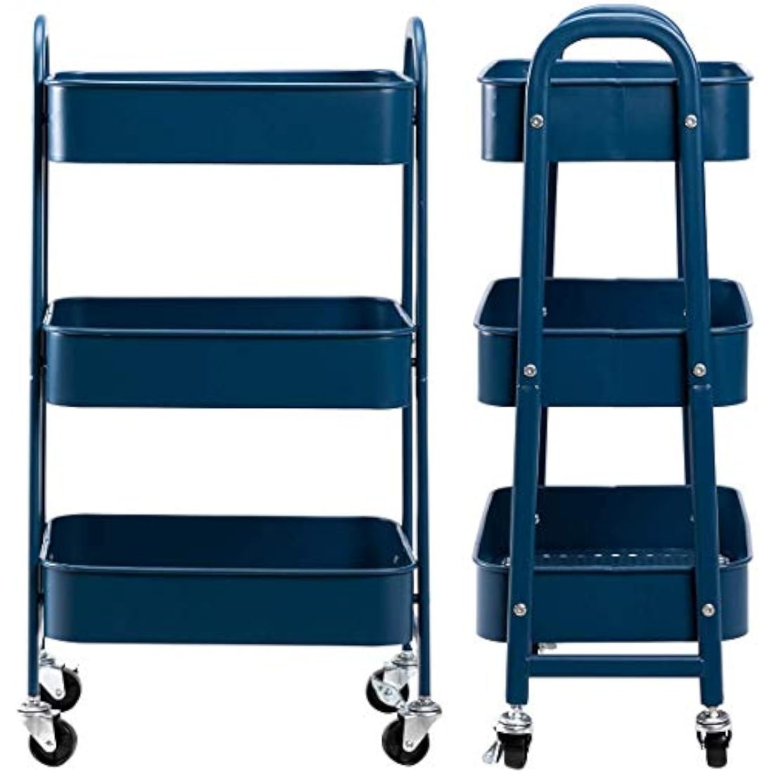 DOEWORKS 3-Tier Storage Trolley on Wheels Metal Storage Cart Rolling Kitchen Trolley Craft Trolleys Beauty Trolleys Utility Cart for Books Bedroom Bathroom Office, Navy Blue