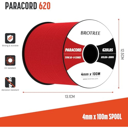 Brotree Paracord 4mm 100M 9 Strands 100% Nylon Rope Type 3 Parachute Cord for Outdoor, Bracelet, DIY - 280kg Breaking Load (Red)