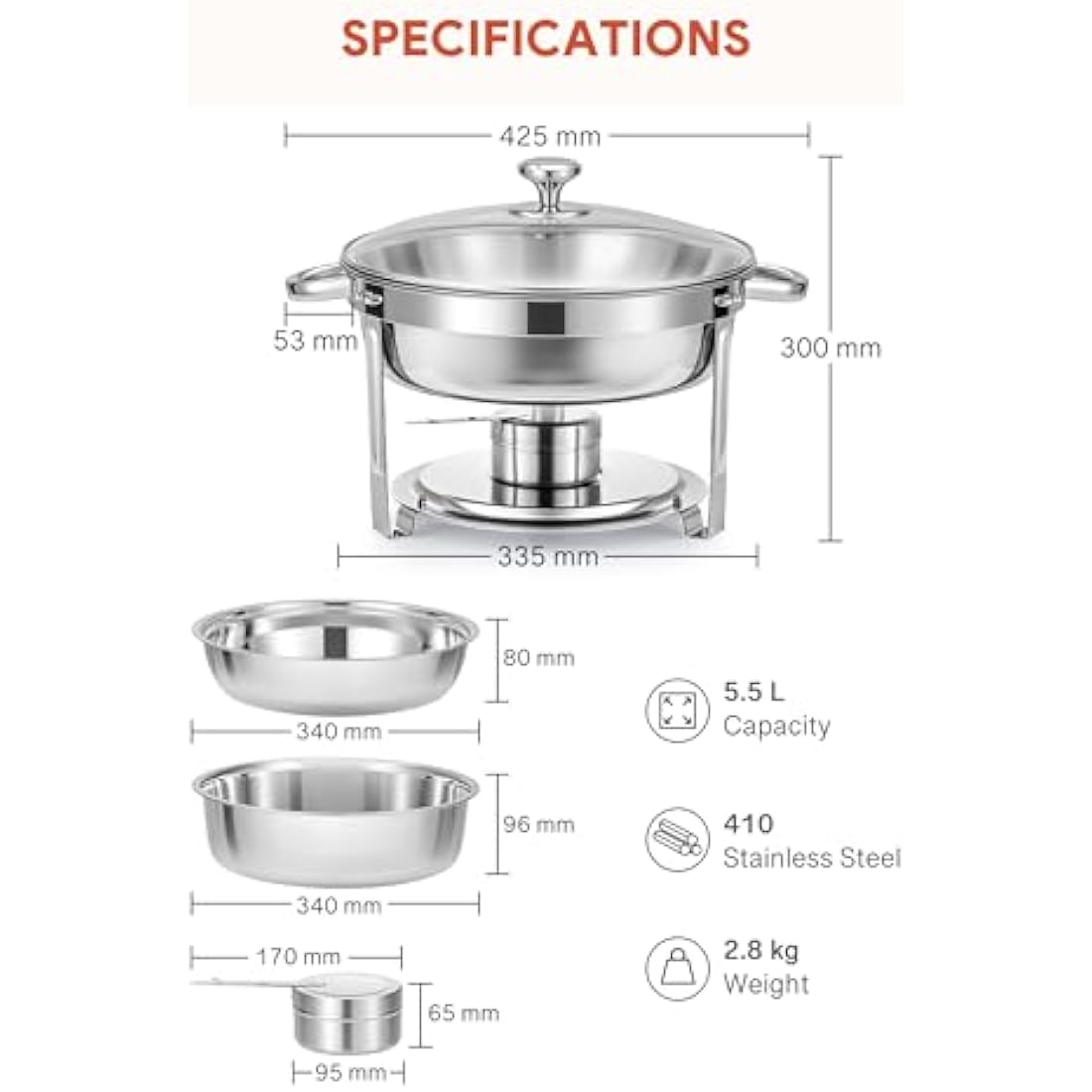 WILPREP Chafing Dish Buffet Set, 4 Pack 5.5L Round Chafers for Catering with Glass Lid & Lid Holder Water Food Pan, Stainless Steel Food Warmers
