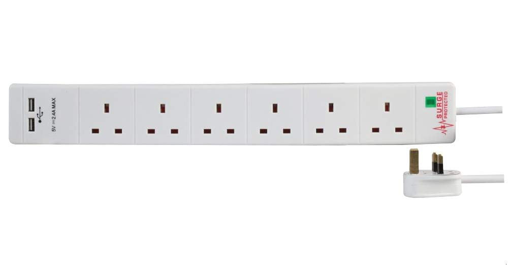 Pro Elec PEL00112 6 Way 2 USB Surge Protected Extension Lead, 1 m, White