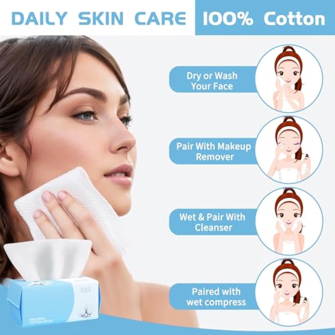 4 Pack Cotton Facial Dry Wipes 100 Count, Deeply Cleansing Disposable Face Towel Cotton Tissue, Multi-Purpose for Skin Care, Make-up Wipes, Face Wipes and Facial Cleansing(400 Count)