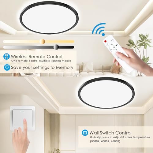 Yexati Bathroom Light 24W 3200LM 30cm Dimmable with Remote Control 6500K-3000K, IP54 LED Bathroom Light Ultra Thin Flush Ceiling Light Round for Kitchen Toilet Porch Bedroom Utility Room Black 4 Pack