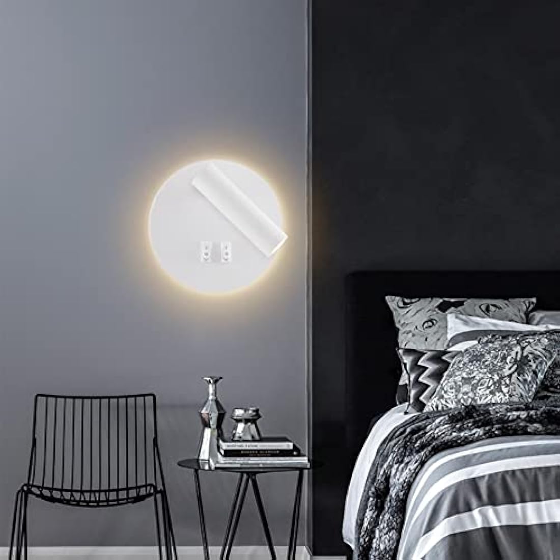 uksunvi LED Wall Mounted Lamp,Bedside Reading Wall Light,12W LED Wall Lamp, Adjustable Spotlight (3W +9W 3000K Warm Light) (White Round)