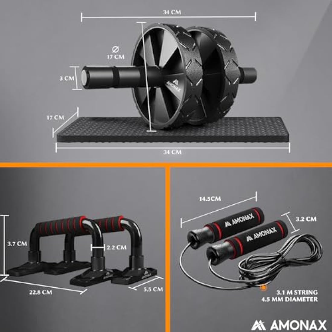Amonax Convertible Ab Wheel Roller with Large Knee Mat for Core Abs Rollout Exercise. Double Wheel Set with Dual Fitness Strength Training Modes at Gym or Home