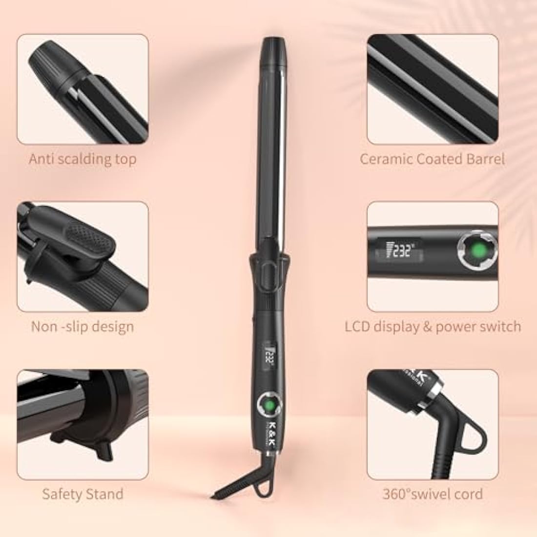 K&K Hair Curling Wand, 25mm Ceramic Titanium Barrel, Digital Display, 50-230°C, 60 Min Auto Shut Off (25mm)