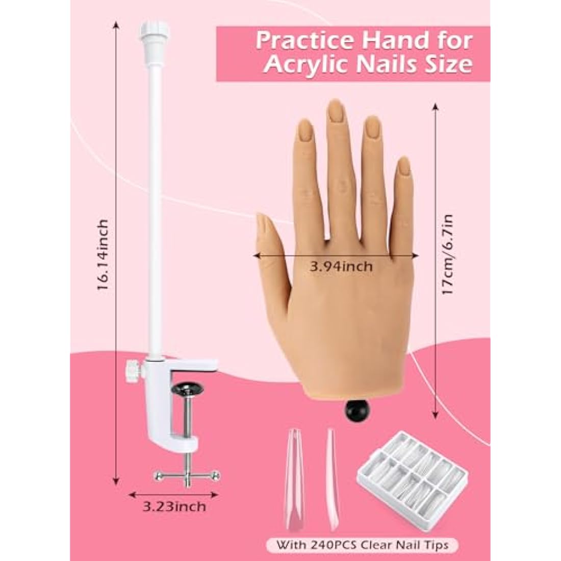 Adonafy Practice Hand for Acrylic Nails - Silicone Nail Practice Hand - Flexible Nail Hand Practice Model for Beginners - Bendable Fake Hand for Professional Salons Home DIY Nail Art, Natural