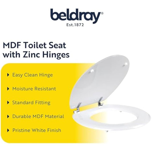 Beldray LA032355WHTFEU7 Wooden MDF Toilet Seat – Oval Shaped, Stainless Steel Release Hinge For Easy Cleaning, Top Fixing White Toilet Seat, Standard Fitting For Most Toilets, Seat Size: 360 x 428mm