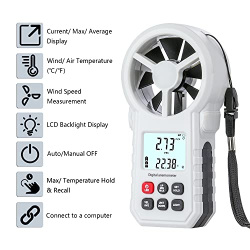 Digital Anemometer, Handheld Wind Speed Meter with Temperature/Humidity Sensor, USB & Bluetooth Connectable Air Flow Meter Wind Gauge for