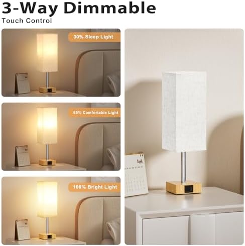 Aooshine Bedside Lamps Set of 2, 3-Way Dimmable Table Lamp with USB-C+A Charging Ports,Lamps for Bedroom with Linen Fabric Shade(Bulbs Included)
