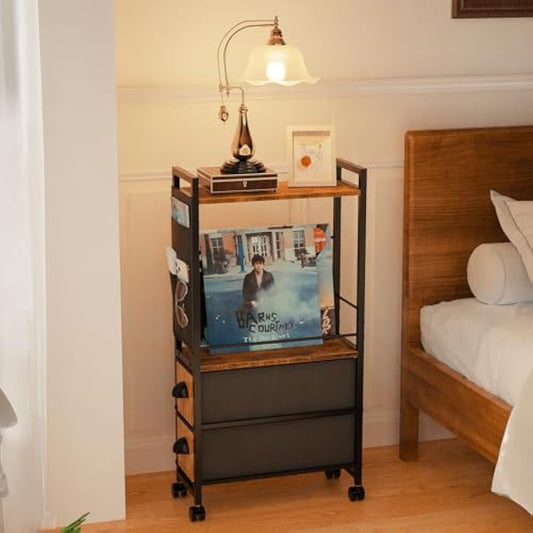 LyTaispuly Narrow Side Table with Drawers&Wheels, Slim Bedside Tables Thin Nightstand, 80cm Tall Sofa End Table Small Magazine Rack with Storage Bag for Living Room, Bedroom Space Saving (Rustic)