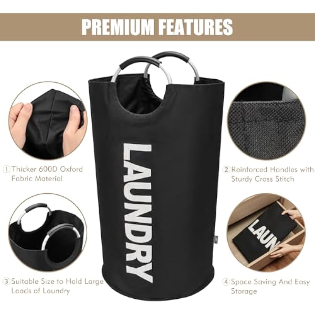 DOKEHOM 90L Large Laundry Basket, Collapsible Laundry Bag, Freestanding Tall Clothes Hamper, Foldable Washing Bin (Black)