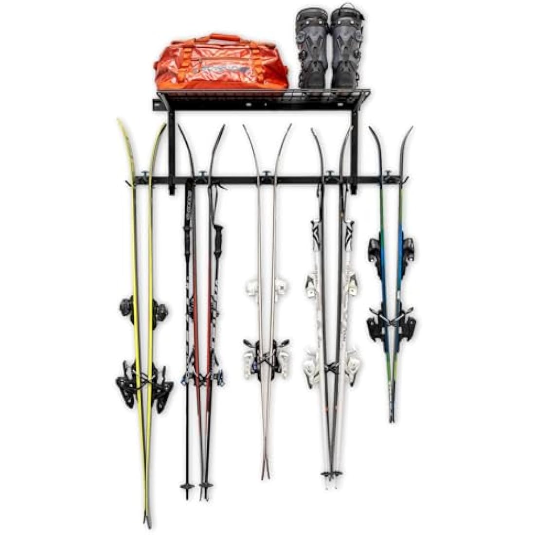 StoreYourBoard Ski Storage Rack with Shelf, Holds 5 Pairs, Heavy Duty Wall Mount Organizer, Home and Garage Hanger