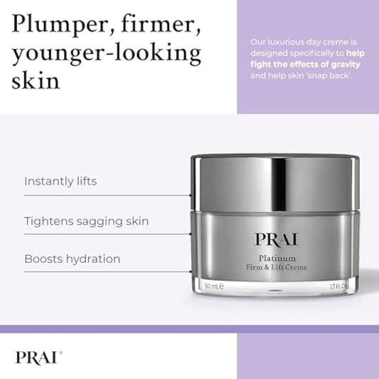PRAI Platinum Firm & Lift Day Creme 50ml - Hydrating Moisturiser With Nulastic Silk, Platinum & Idealift - Plumps, Firms & Lifts Skin - Reduces Appearance of Wrinkles - Instant Firming Technology