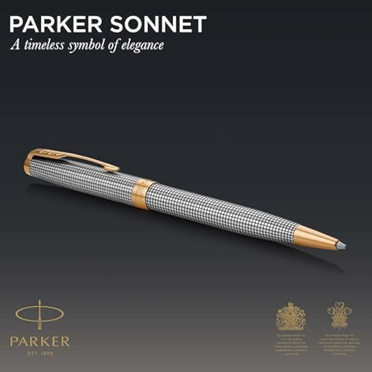 Parker Sonnet Ballpoint Pen | Chiselled Silver with Gold Trim | Medium Point Black Ink | Gift Box