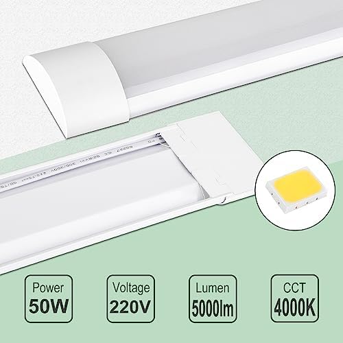 muzha 4 Packs LED Batten Lights,PC Body, 5FT 50W 4000k 5000lm,Low Profile Wall or Ceiling Surface Mounted Fitting for Home/Workshop/Office/School Restaurant (5FT)