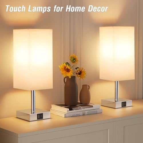 Aooshine Bedside Lamps Set of 2, Touch Lamps Bedside with USB-C+A Charging Ports, Table Lamp with 3-Way Dimmable, Small Table Lamps for Bedroom with White Fabric Shade(Bulbs Included)