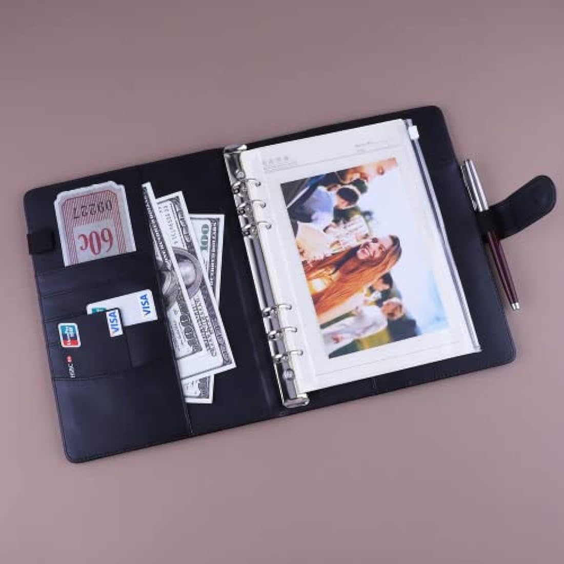 HAUTOCO PU Leather A5 Ring Binder Cover Refillable 6 Ring Budget Binder Notebook Organiser for A5 Refill Paper Insert for Office, School, and Travel, Black