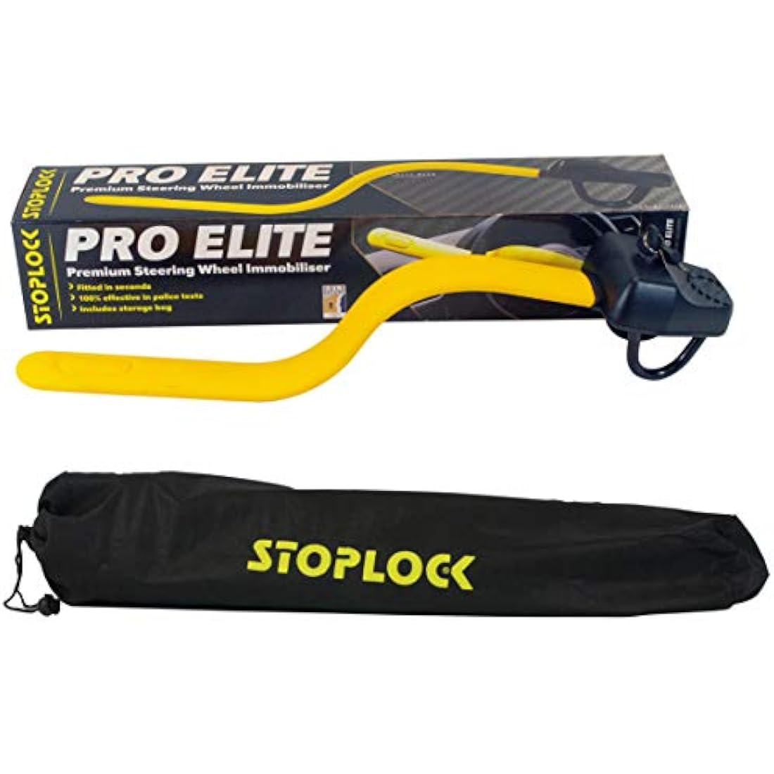 Stoplock Pro Elite Car Steering Wheel Lock HG 150-00 - Safe Secure Heavy Duty Anti-Theft Bar - Universal Fit - Includes 2 Keys and Carry Bag, Black/Yellow, 1 Unit