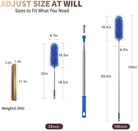Feather Duster Extendable with Stainless Steel Extension Pole, 100 Inches Extra Long Telescopic Dusters, Cobweb Duster with Bendable Head for Cleaning Blinds, Interior Roof, Ceiling Fan, Cars