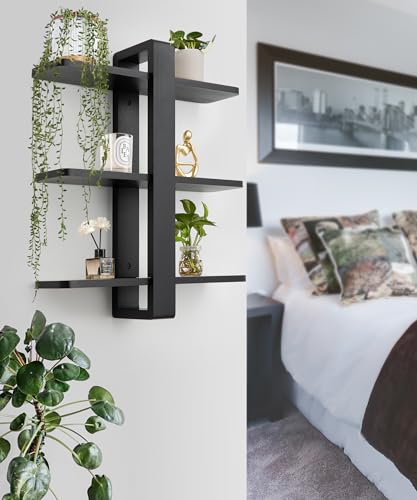 SUMGAR Floating Shelves Black for Wall Mounted Shelving Unit All Pine Wood 50CM 3 Tier Large Shelf for Bedroom Living Room Office Bathroom Home