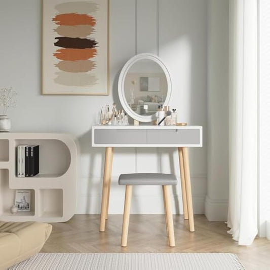 YOURLITE Dressing Table with LED Lights Mirror - White Vanity Makeup Table Set with Adjustable Brightness Mirror, Cushioned Stool and Free Make-up Organizer (White+Grey+Oval Mirror)