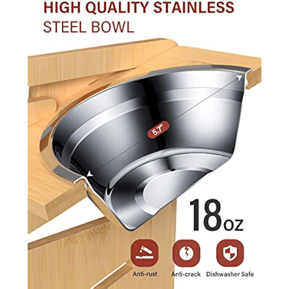 Vantic Raised Dog Bowls with Stand, 6 Heights Adjustable Bamboo Dog Feeding Station with 2 Stainless Steel Bowls, 17cm High