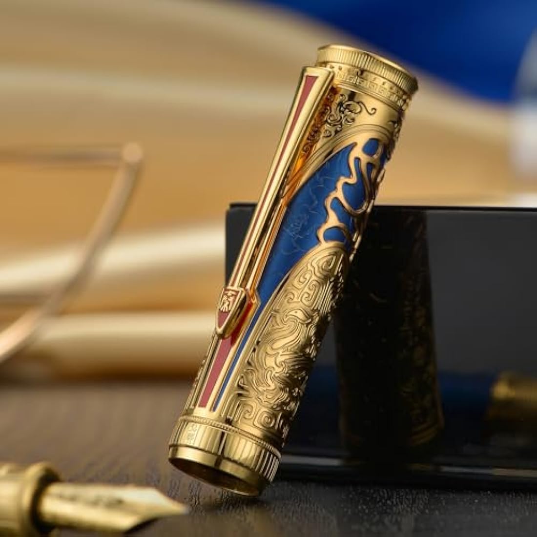 Hongdian D5 Qin Dynasty Fountain Pen Blue Gold, Extra Fine Nib Piston Filling Pen, Retro Chinese Totem Engraving Smooth Writing Pen with Pen Box Set