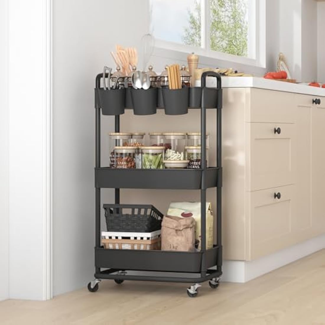 JIUYOTREE 3-Tier Plastic Rolling Storage Cart Utility Cart with Extra Hanging Cups Handles Lockable Wheels for Living Room Bathroom Kitchen Office Black