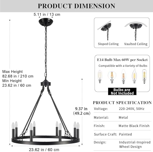 ASHUAQI Wagon Wheel Chandelier, 8-Light Black Chandelier Ceiling Lights Living Room, Rustic Modern Farmhouse Chandeliers Ceiling Light for Dining Room, Kitchen, Hallway, Bedroom, Hall