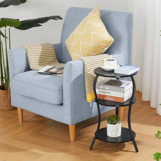 YEAKOO Vintage Round Side Table,3-Tier Slim Waist End Table with Storage Shelves,Round Sofa Side Table Small Corner Coffee Table Bedside for Living Room Bedroom Small Spaces