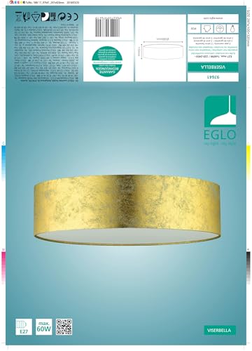 Eglo Viserbella Vintage Flush Ceiling Light, Champagne Steel and Golden Fabric Ceiling Lamp, Living Room, Kitchen and Hallway Lighting, E27 Socket,