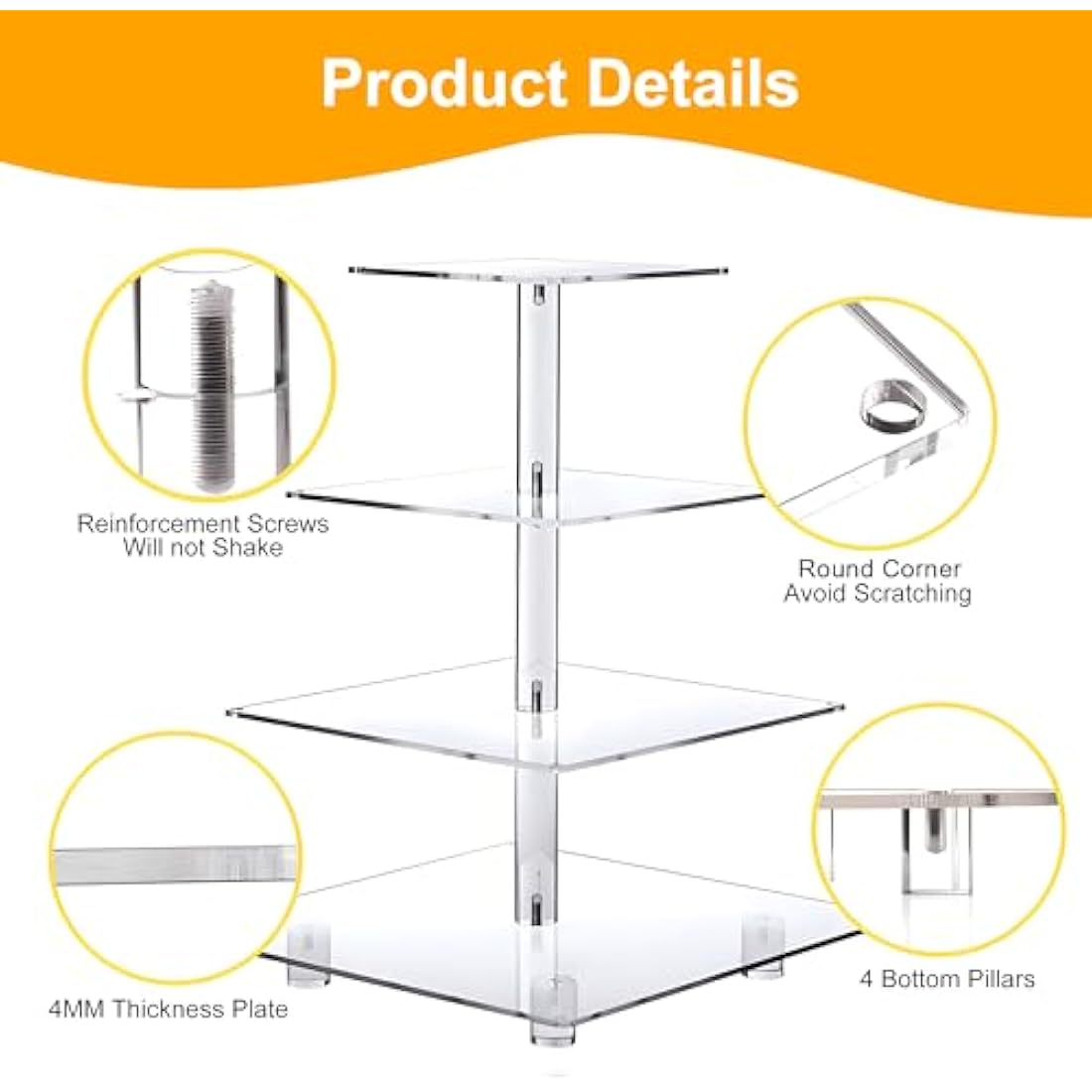 4 Tier Cupcake Stand Acrylic Tower Display with LED Light Premium Holder Dessert Tree Tower for Birthday Cady Bar Décor Weddings, Parties Events (Yellow Light)