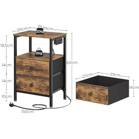 YATINEY Bedside Table with Charging Station, End Table with 2 Drawers and 2 Shelves, Nightstand with Outlet and USB Ports, Industrial Side Table for Living Room, Bedroom, Study, Rustic Brown XET02KBR