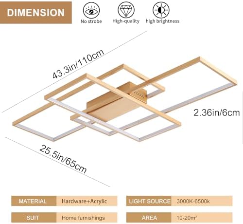 JIINOO Dimmable LED Ceiling Light, 110cm Flush Mounted Ceiling Light with Remote Control, 70W Square Acrylic Modern Simple Design Fixture for Bedroom Living Room, Gold