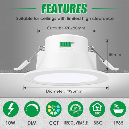 ALUSSO IP65 LED Downlights Ceiling Dimmable 10W 800LM LED Recessed Ceiling Spot Lights 3000K Warm 4000K Neutral 5700K Cool Adjustable Spotlights Ceiling Lights for Bathroom Kitchen, White, 6 Pack