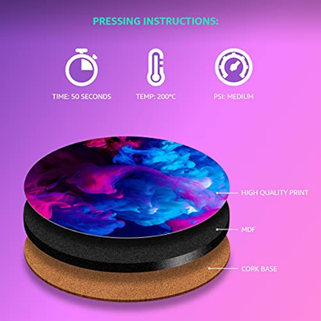 50 x MDF Blank Sublimation Coasters - Cork Backed - 9cm x 9cm White Blanks Round Glossy