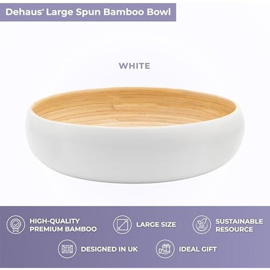 Dehaus® Large Stylish Bamboo Fruit Bowl - 30cm, White - Wooden Salad Serving Bowl - Fruit Basket for Kitchen or Bread Basket - Table Centrepiece Decoration - Home & Kitchen Tableware Accessories