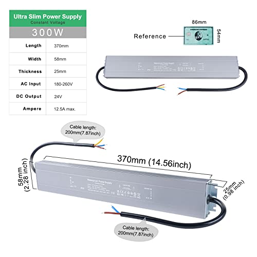 REYLAX LED Driver 24V 300W, IP67 Waterproof Outdoor Lighting Transformer, 12.5A Constant Voltage Power Supply, 100-260V AC to 24V DC Transformer for Garden LED Strip Lights and Shed Light