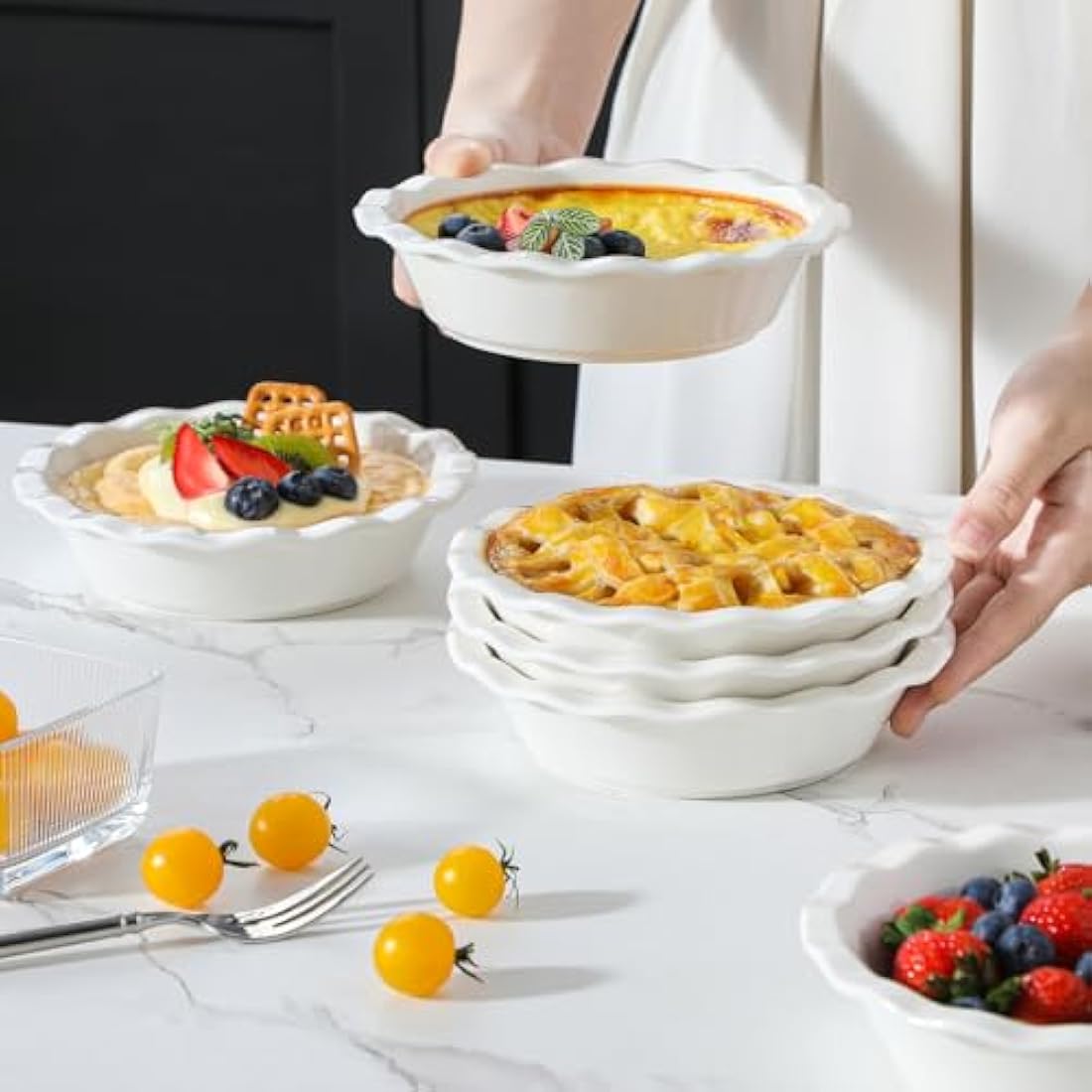MALACASA Ceramic Mini Pie Dishes, Pie Pan for Baking 6.6 Inch,12 OZ Pie Plate Round Pie Dish for Baking Fluted Pie Dish Baking Pan, Non Stick Deep Pie Dishes for Quiche (Ivory White, 6PC)