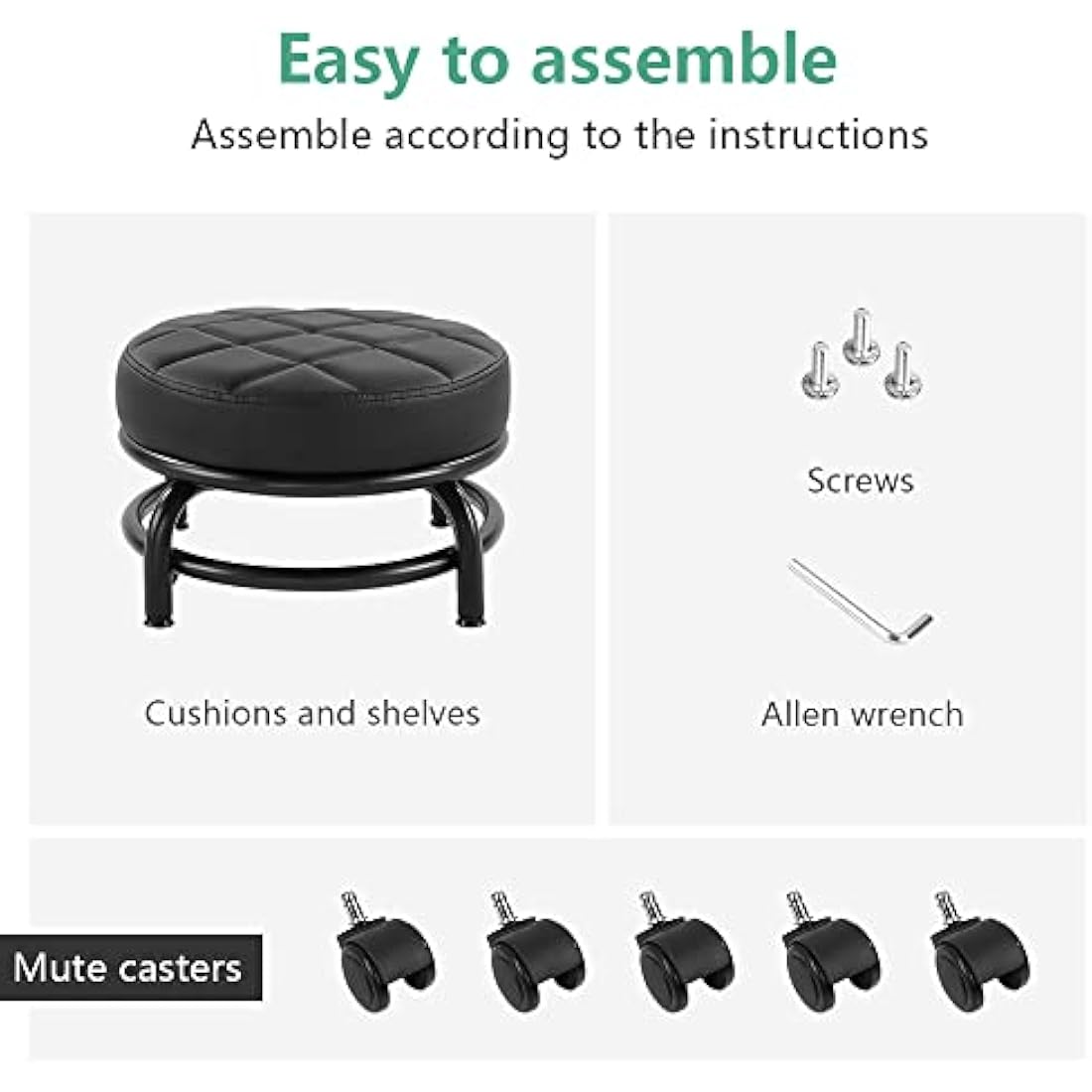 FURWOO Roller Seat PU Leather Low Round Rolling Floor Stool with Universal Caster Wheels for Home Fitness Sport Pedicure Stool, H:25.5cm(Black)