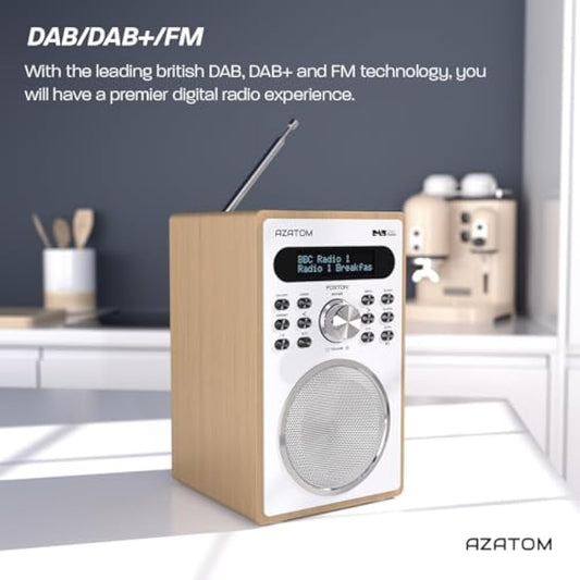 DAB/DAB+ & FM Digital Radio | Simple Controls | Dual Alarms & Sleep Timer | Mains Powered | Bluetooth | USB Device Charging | Perfect for Home, Office or Outdoors | AZATOM Foxton FX2 (Oak)