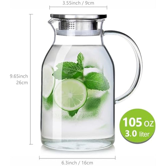 105OZ Glass Pitcher with Lid and Spout - High Heat Resistance Pitcher for Hot/Cold Water & Iced Tea (3.0L)