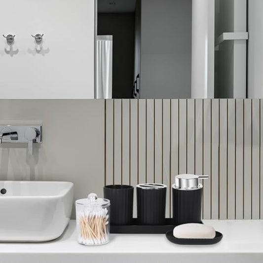FEILANDUO Bathroom Accessories Sets Complete, 8 Pcs Bathroom Accessory Set with Trash Can, Soap Dispenser, Soap Dish, Toothbrush Holder, Toothbrush Cup, Toilet Brush and Qtip Holders,Vanity Tray,Black