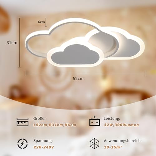BLMYL 42W LED Ceiling Light, 52CM Creative Cloud Ceiling Lamp, Dimmable Remote Control 3000~6000K, Modern White Ceiling Lights, Used in Living Room,